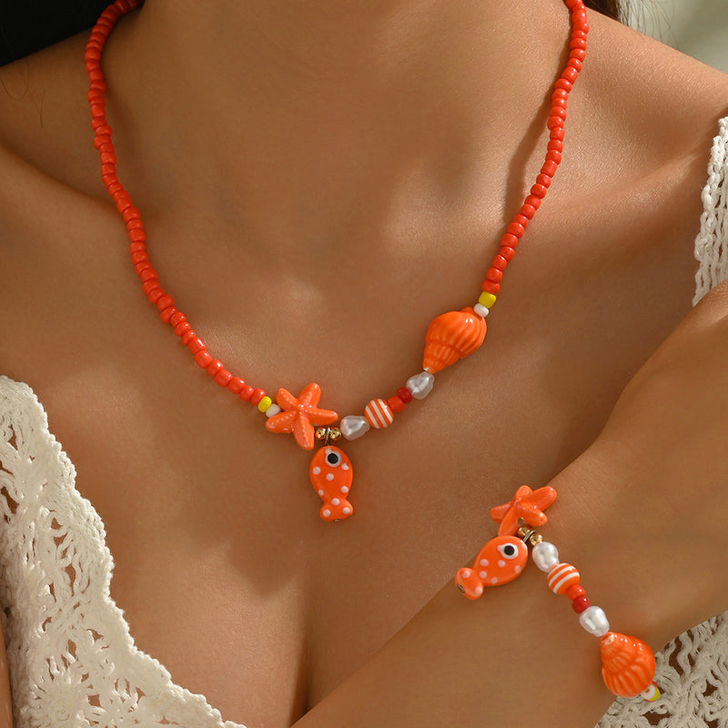 Fish Starfish Shell Pendant Necklace Pearl Beaded