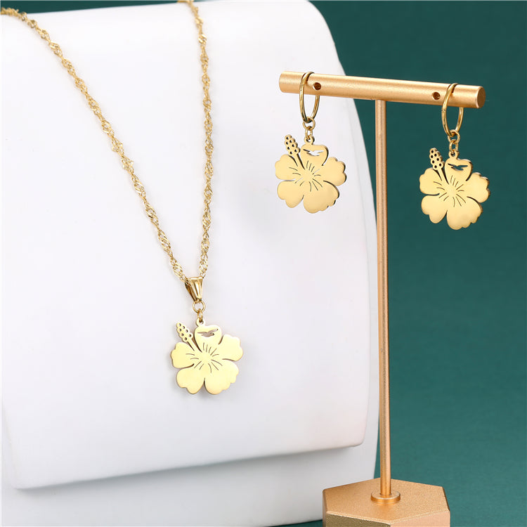 Hawaiian Flower Pendant Necklace Earrings Set