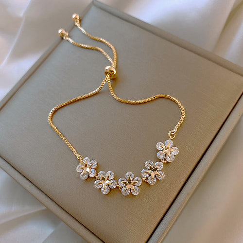 18K Gold-Plated Flower Cubic Zirconia Snake Bone Chain Adjustable Bracelet