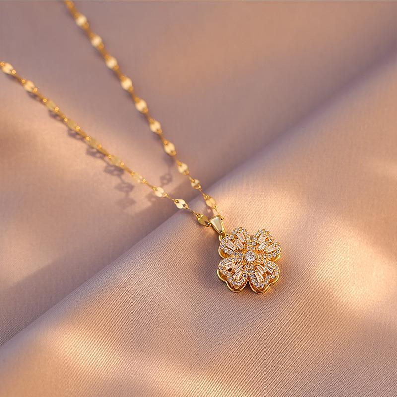 Rotating Four Leaf Clover Zircon Stainless Steel Necklace