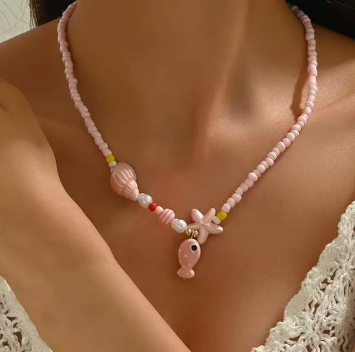 Fish Starfish Shell Pendant Necklace Pearl Beaded